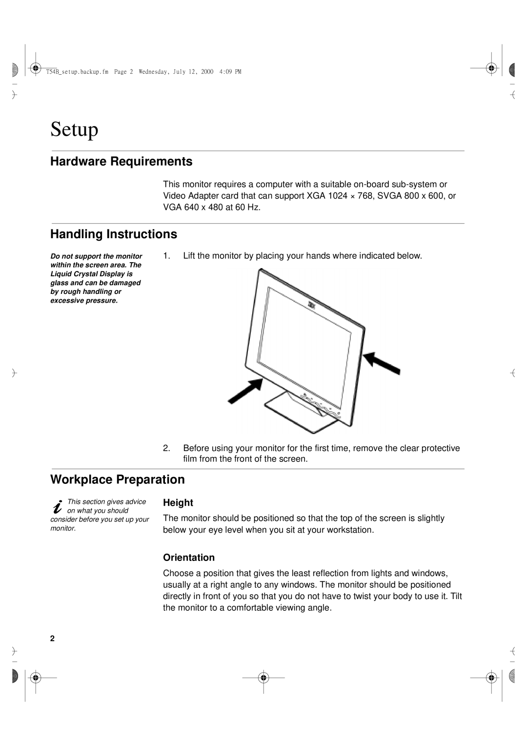 Lenovo T54H manual Setup, Hardware Requirements, Handling Instructions, Workplace Preparation, Height, Orientation 