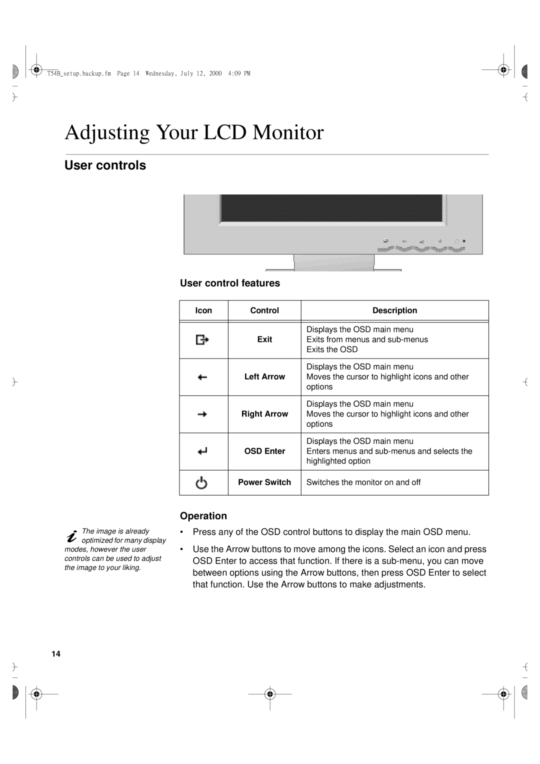 Lenovo T54H manual Adjusting Your LCD Monitor, User controls, User control features, Operation 