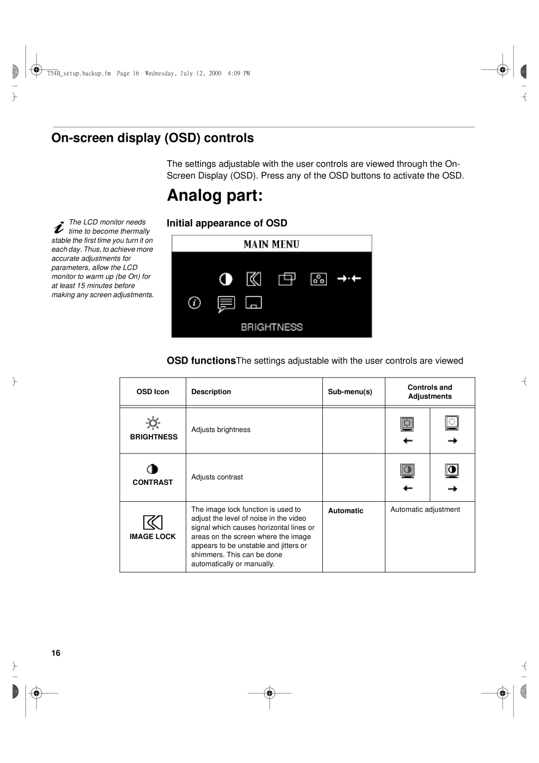Lenovo T54H manual Analog part, On-screendisplay OSD controls, Initial appearance of OSD 