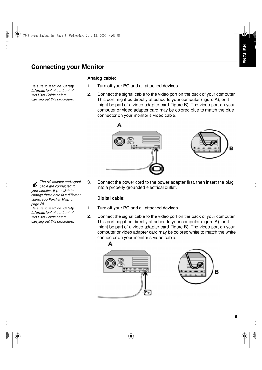 Lenovo T54H manual Connecting your Monitor, English, Analog cable, Español Deutsch Français, Digital cable 
