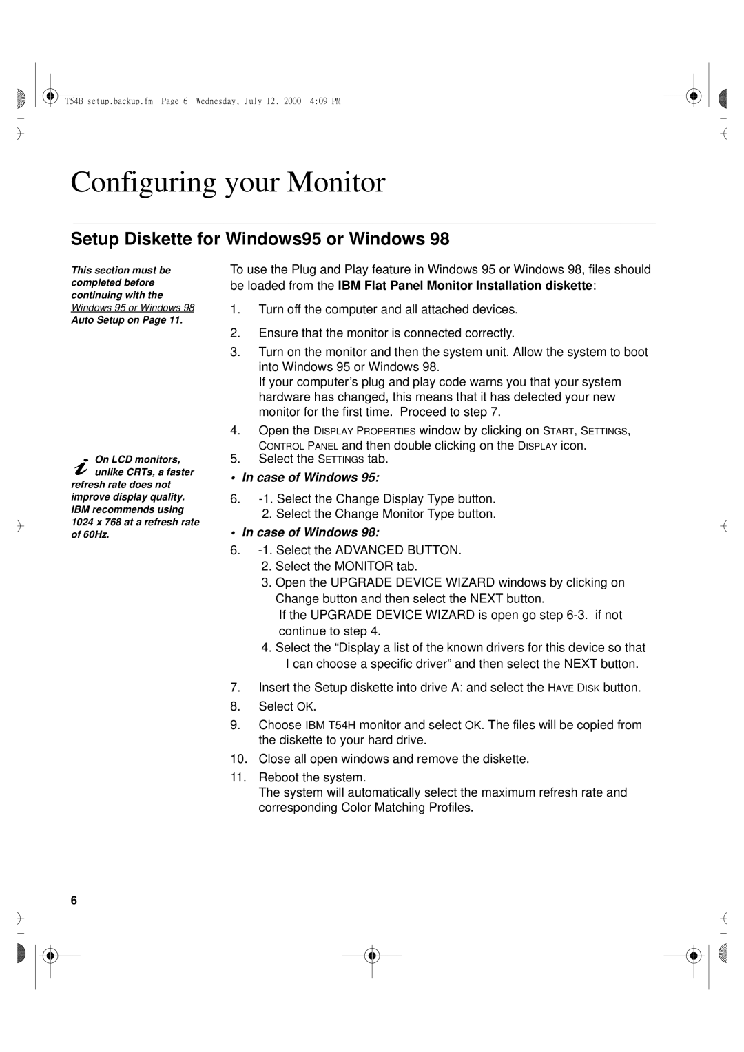 Lenovo T54H manual Configuring your Monitor, Setup Diskette for Windows95 or Windows 