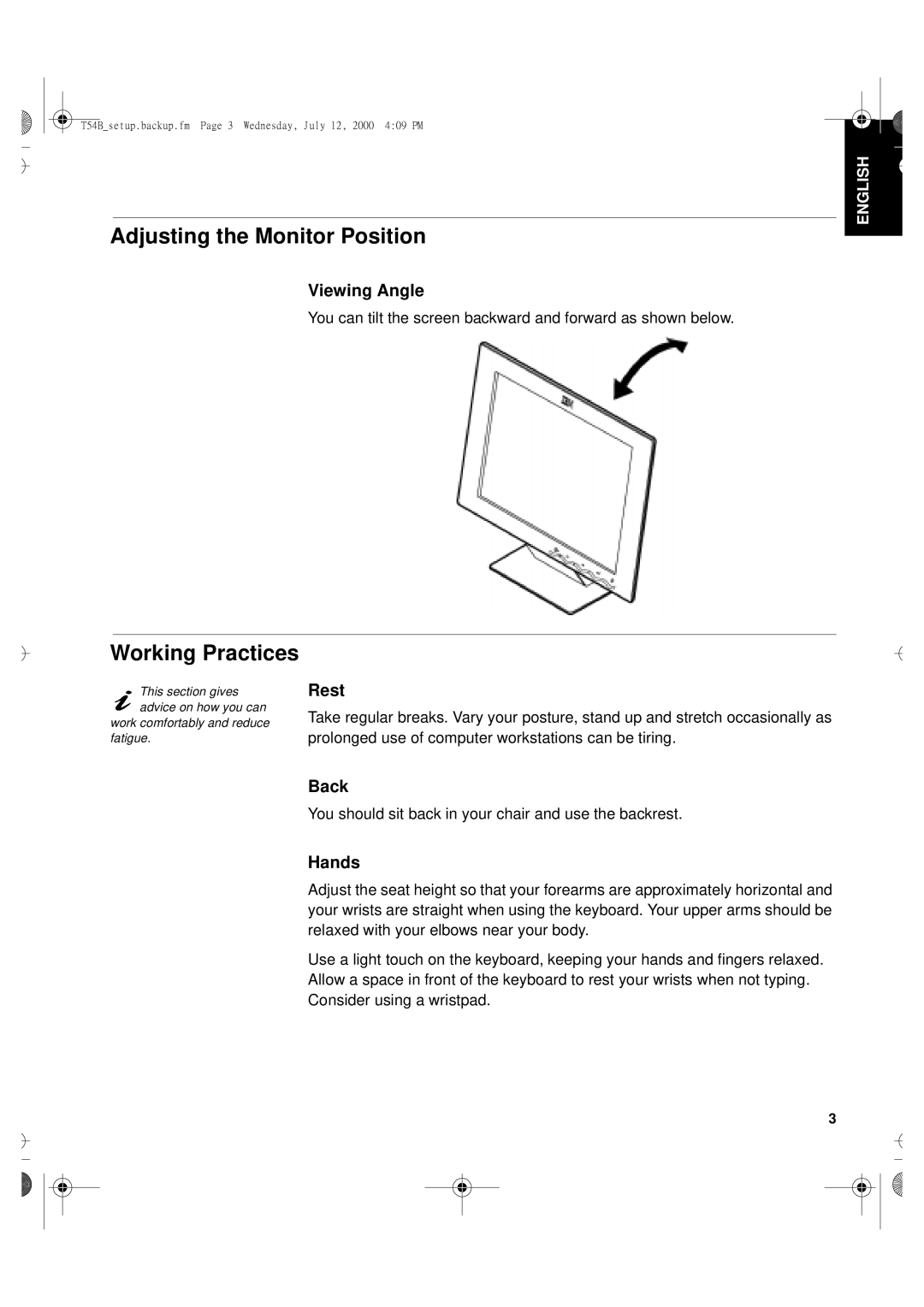 Lenovo T54H manual U65C`tfuvq/cbdlvq/gnQbhf4Xfeoftebz-Kvmz23-311151QN, Adjusting the Monitor Position, Working Practices 