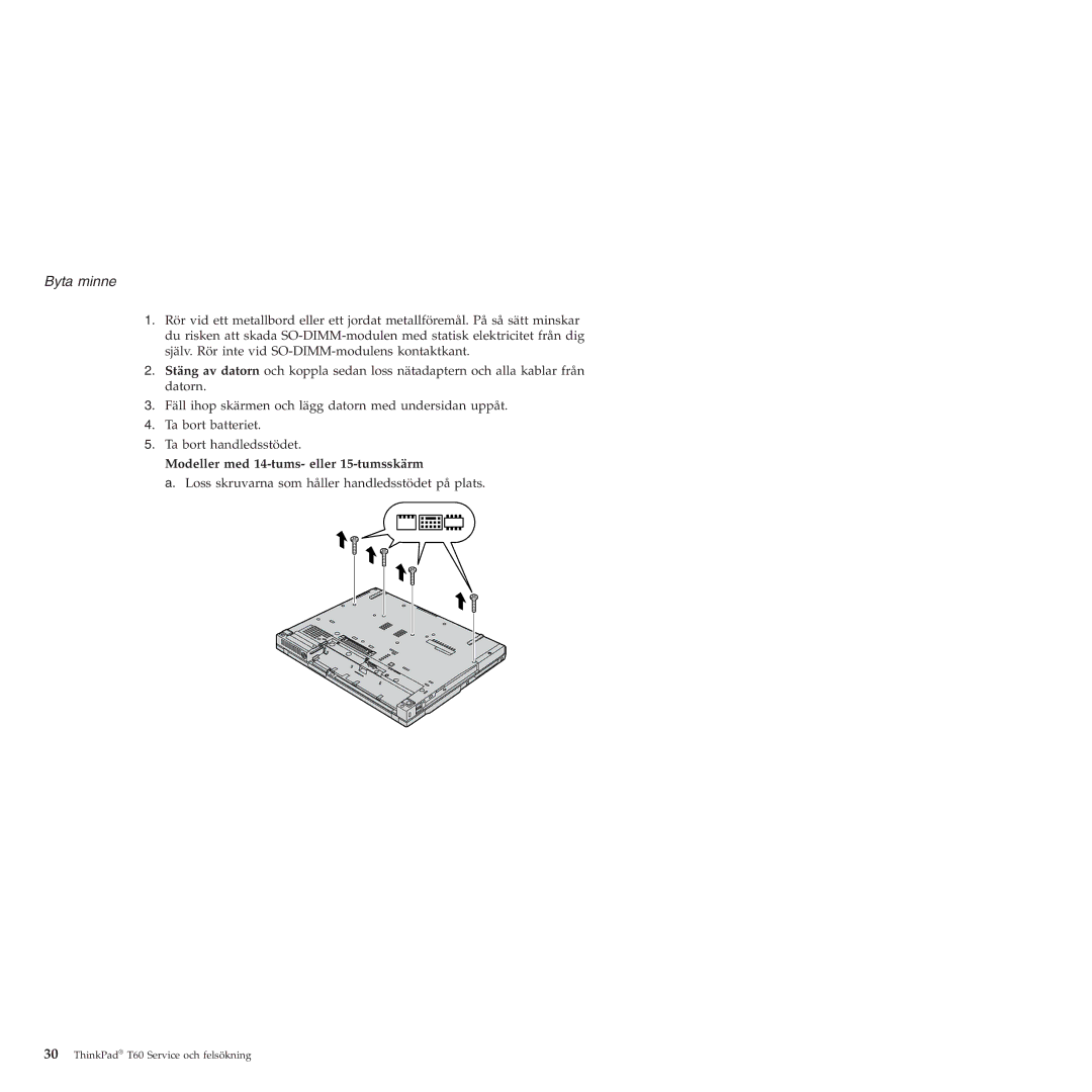 Lenovo T60 manual Byta minne, Modeller med 14-tums- eller 15-tumsskärm 