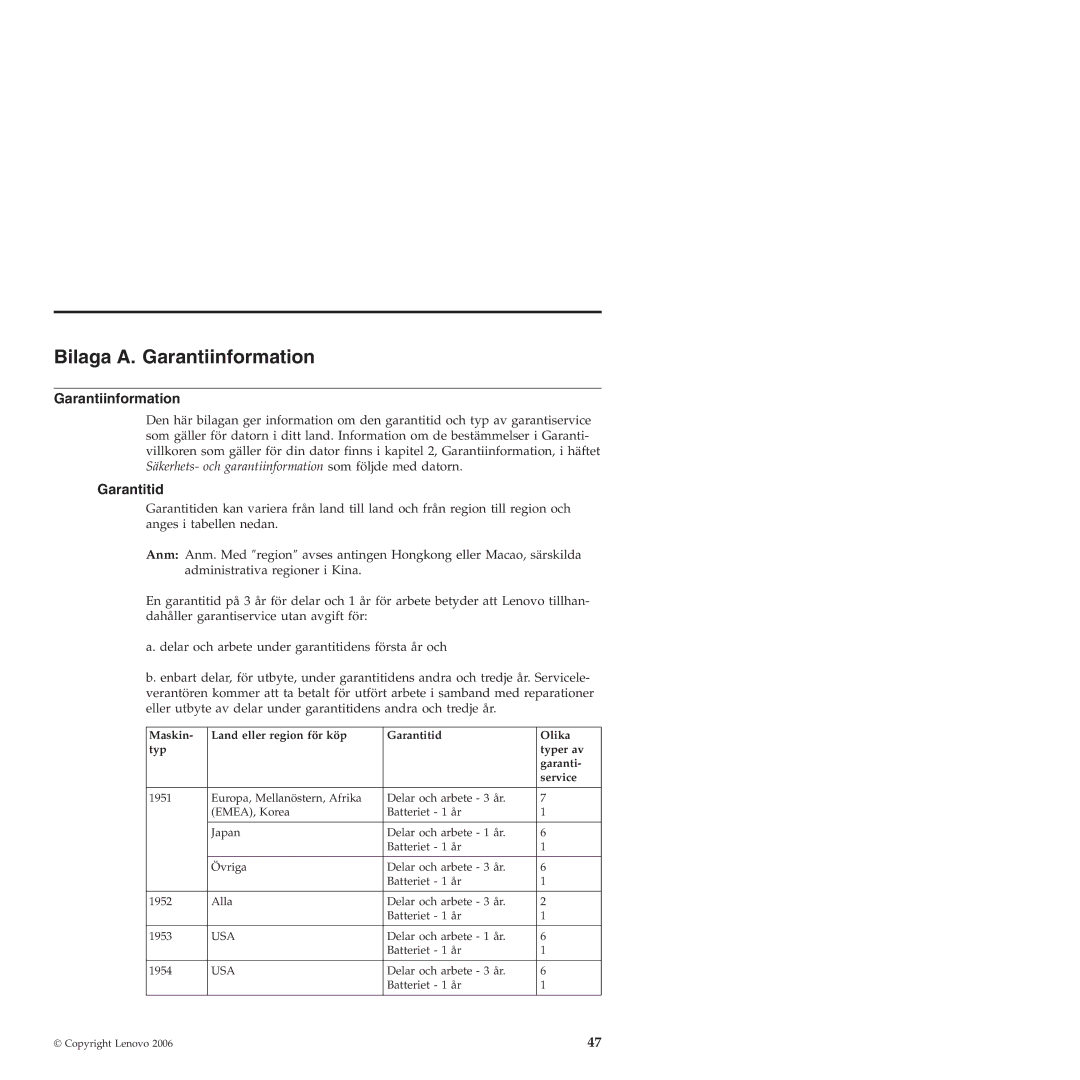 Lenovo T60 manual Bilaga A. Garantiinformation, Garantitid 