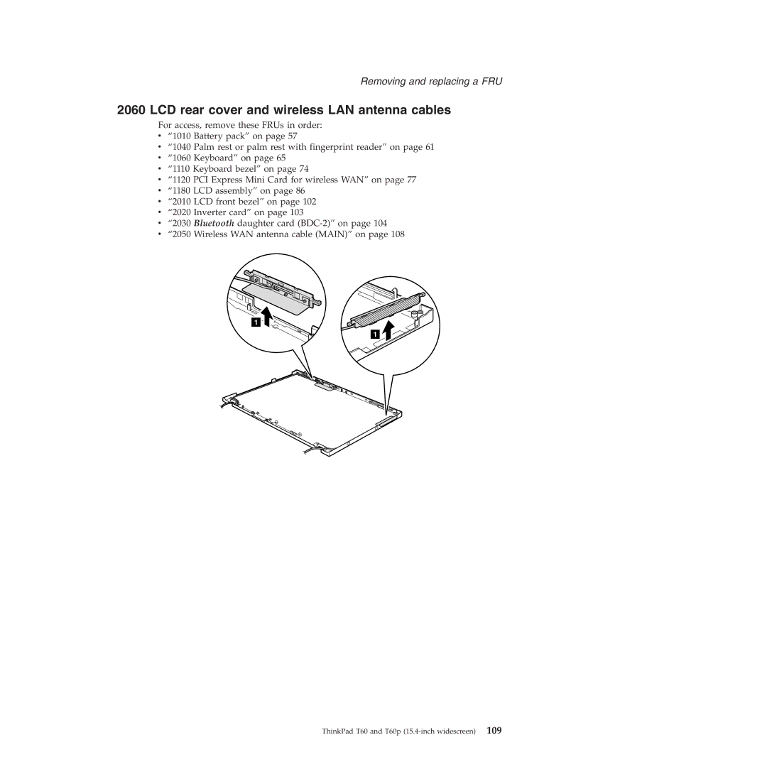 Lenovo T60P manual LCD rear cover and wireless LAN antenna cables 