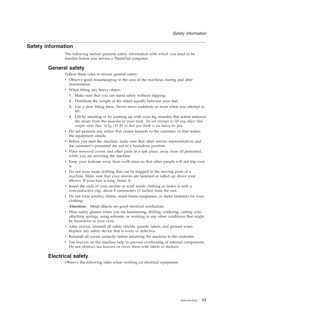 Lenovo T60P manual Safety information, General safety, Electrical safety 