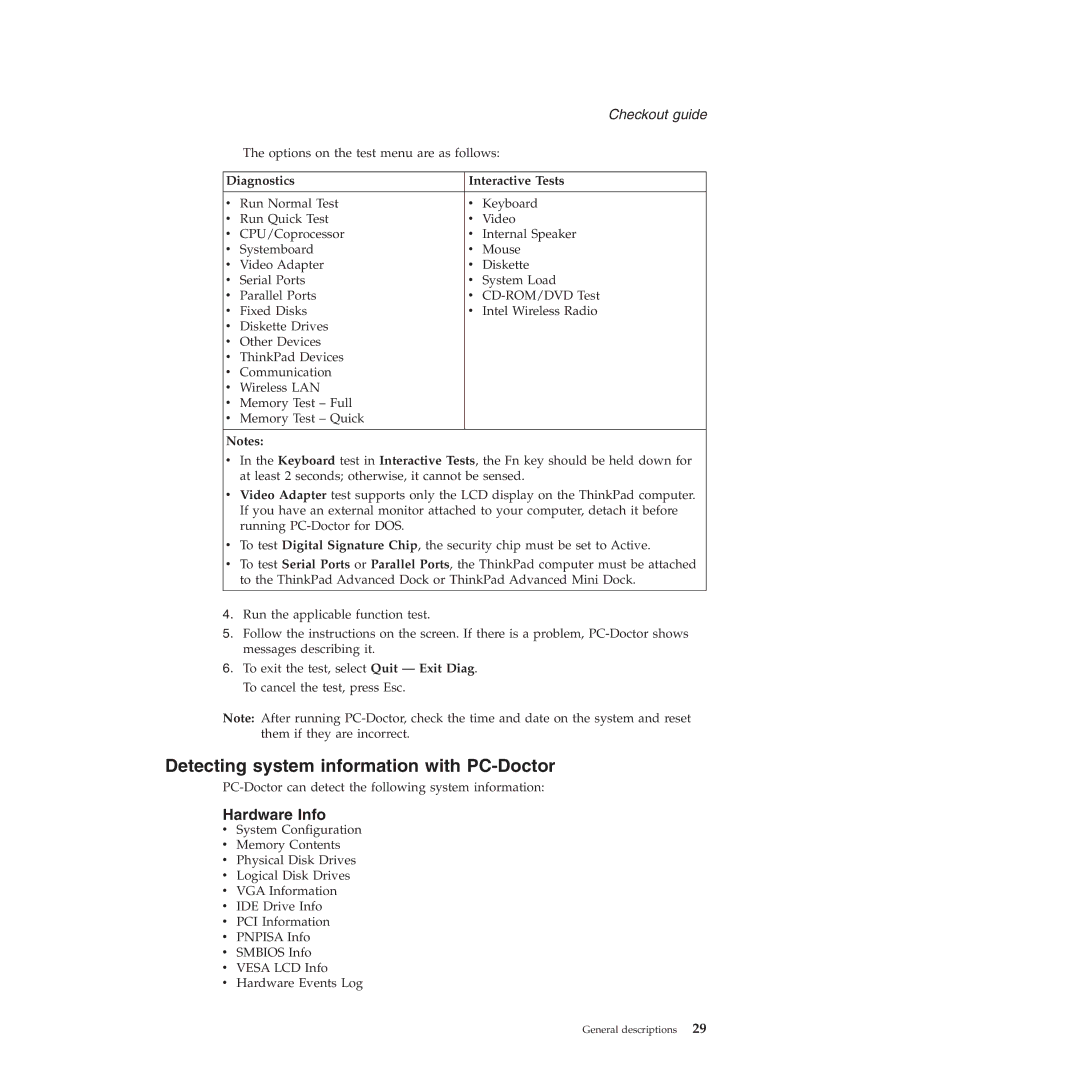 Lenovo T60P manual Detecting system information with PC-Doctor, Hardware Info, Diagnostics Interactive Tests 