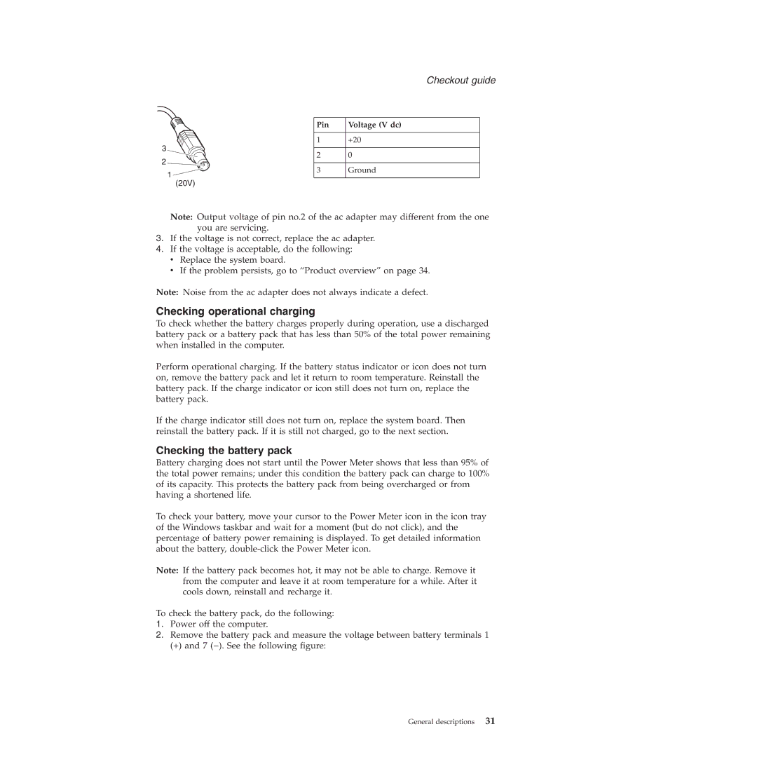 Lenovo T60P manual Checking operational charging, Checking the battery pack, Pin Voltage V dc 