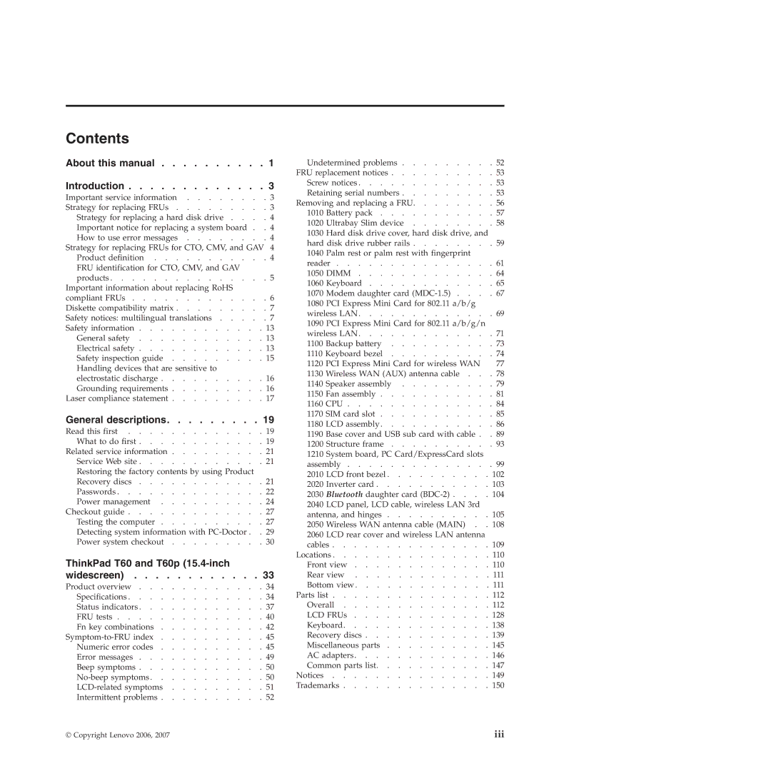 Lenovo T60P manual Contents 