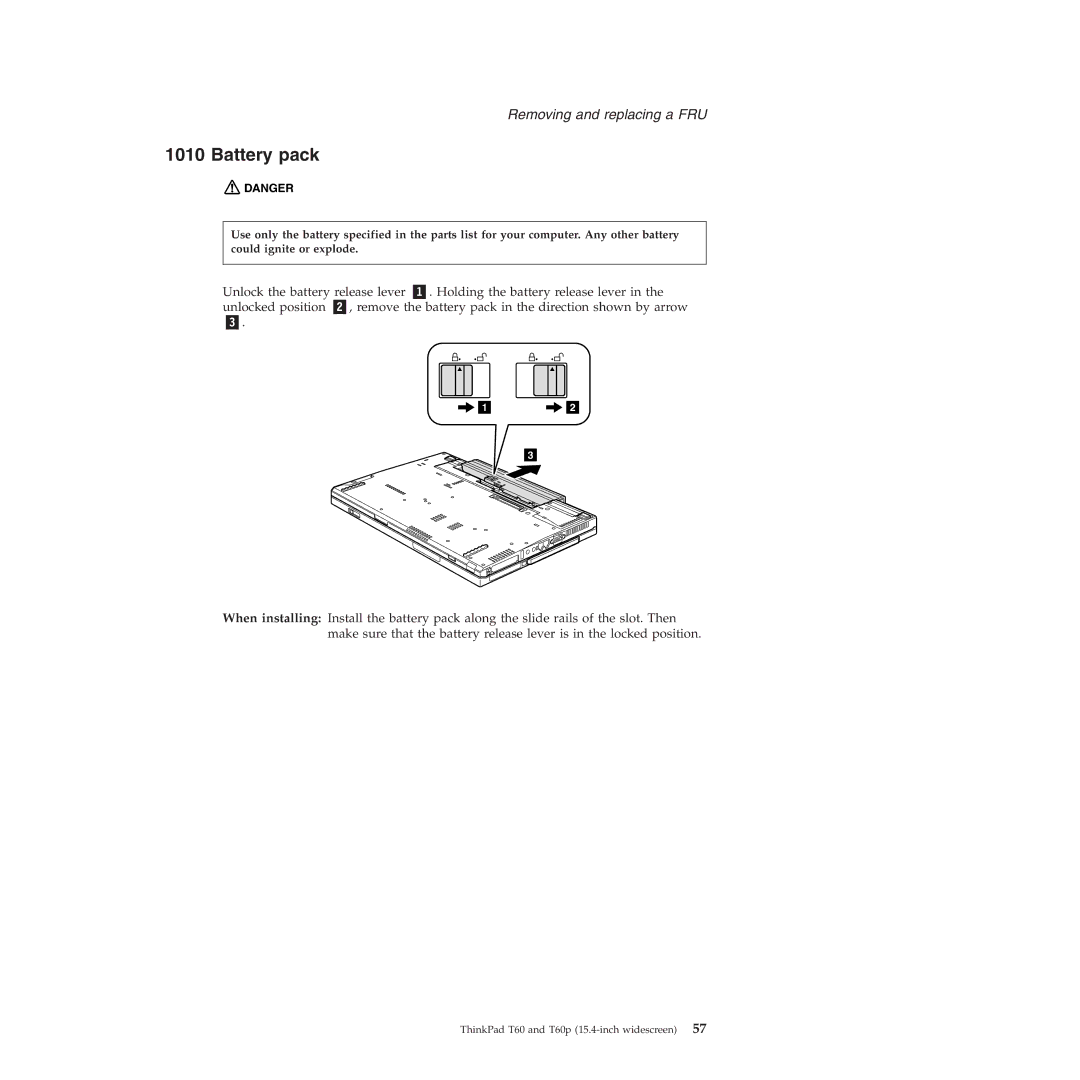 Lenovo T60P manual Battery pack 