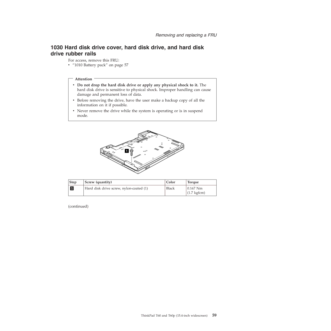 Lenovo T60P manual Step Screw quantity Color Torque 