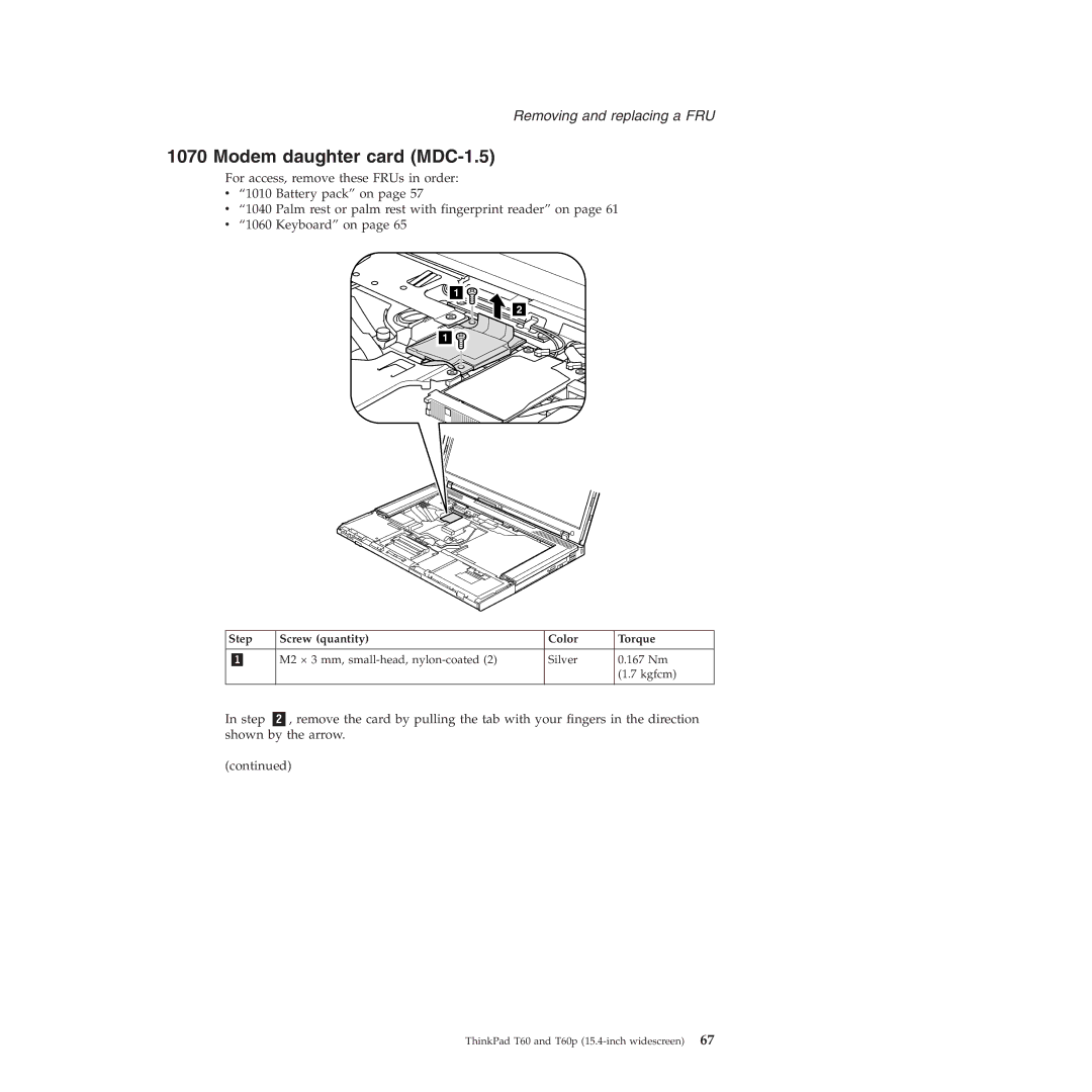 Lenovo T60P manual Modem daughter card MDC-1.5, Step Screw quantity Color Torque 