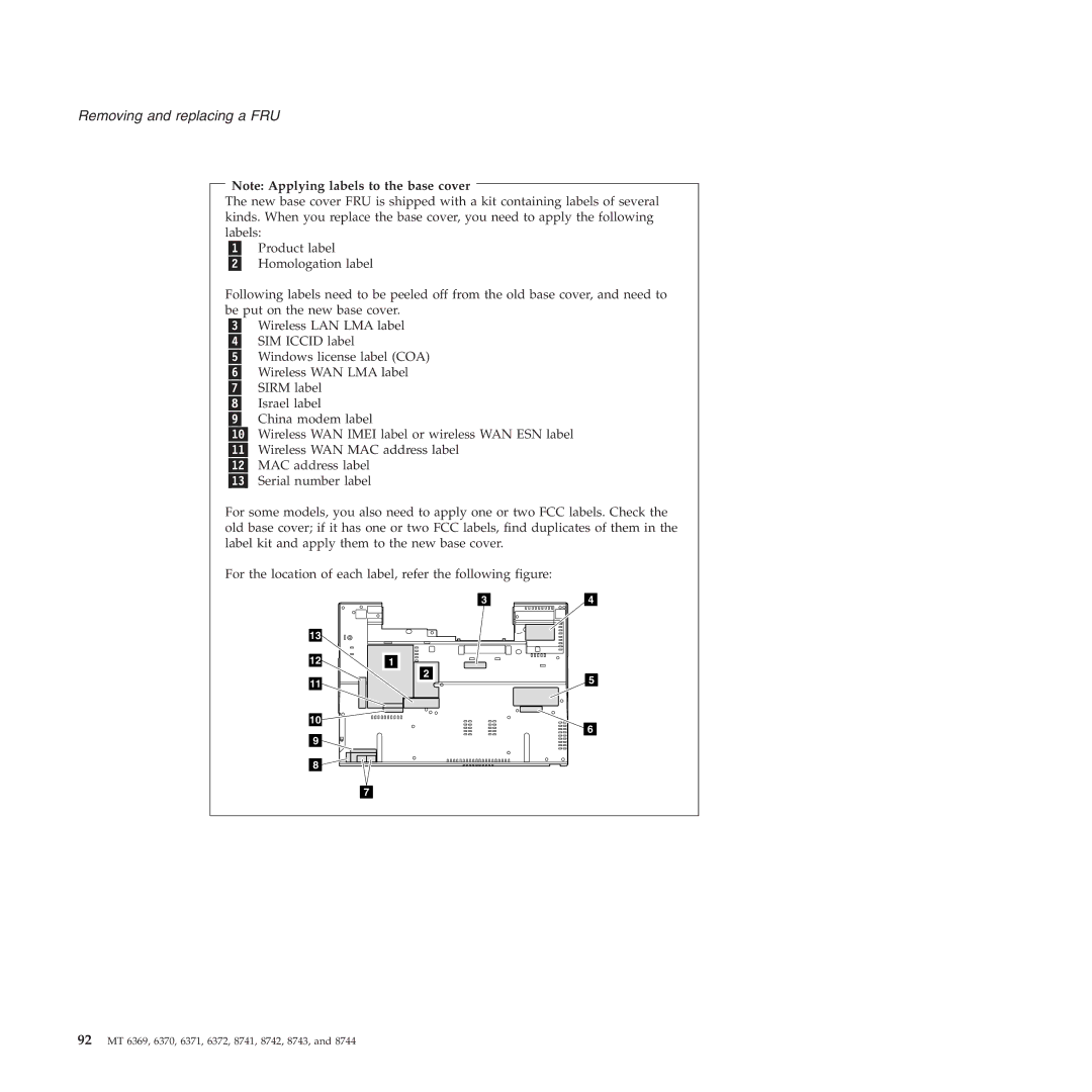 Lenovo T60P manual 92 MT 6369, 6370, 6371, 6372, 8741, 8742, 8743 