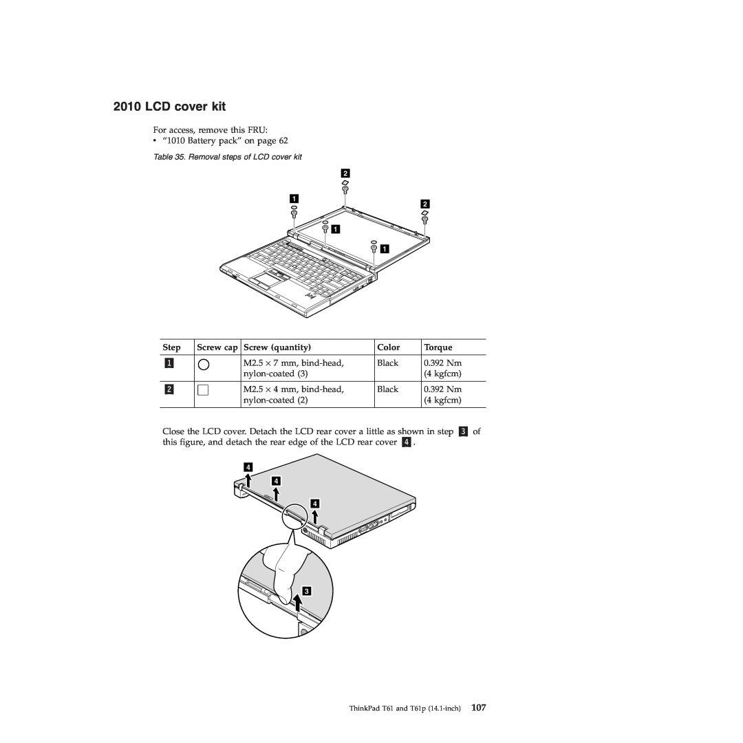 Lenovo T61p manual LCD cover kit, Screw cap, Step, Screw quantity, Color, Torque 