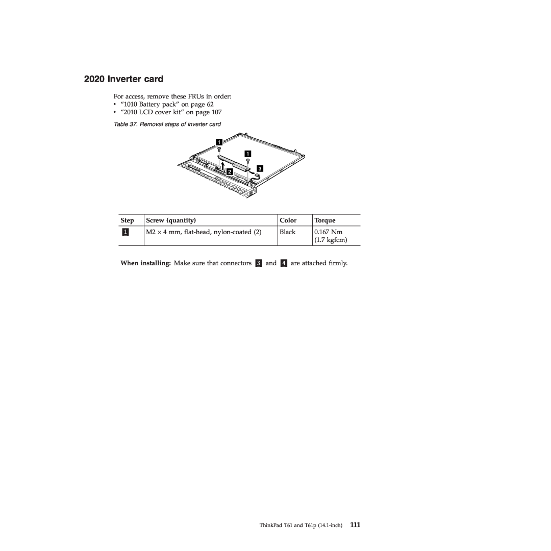Lenovo T61p manual Inverter card, Step, Screw quantity, Color, Torque, Removal steps of inverter card 
