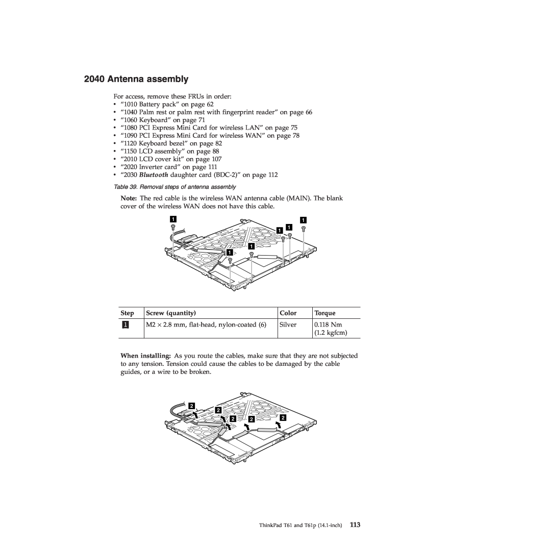 Lenovo T61p manual Antenna assembly, Step, Screw quantity, Color, Torque 