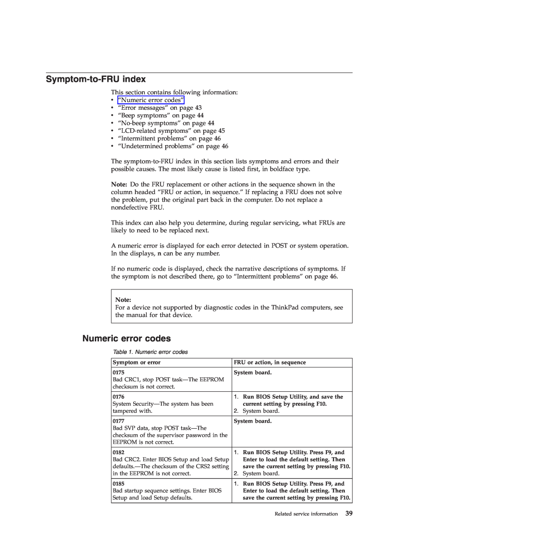 Lenovo T61p manual Symptom-to-FRU index, Numeric error codes 