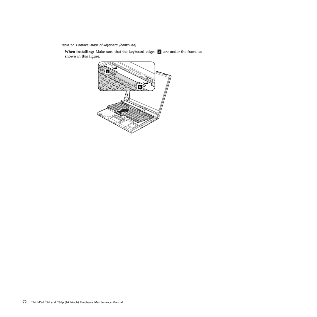 Lenovo T61p manual When installing Make sure that the keyboard edges, are under the frame as, shown in this figure 