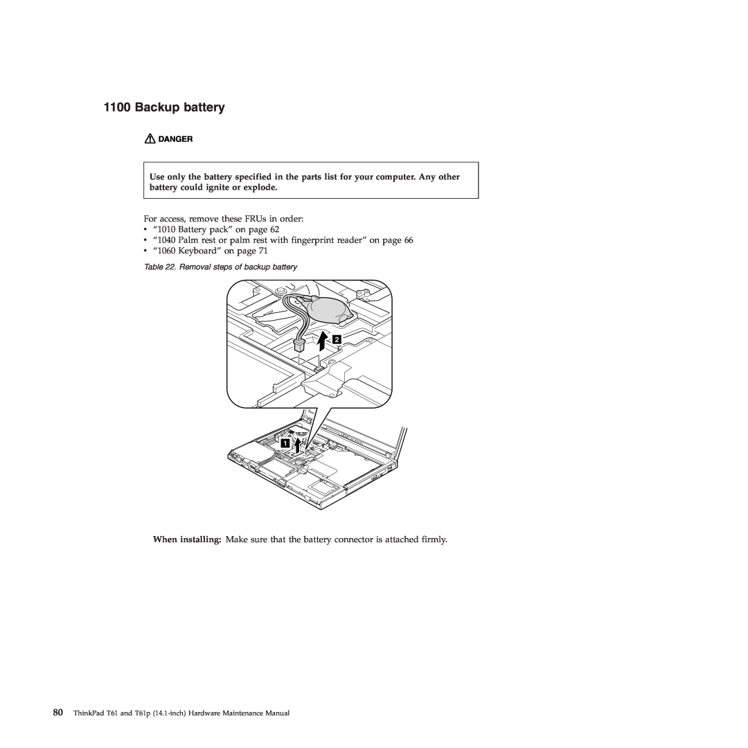 Lenovo T61p manual Backup battery, Removal steps of backup battery 