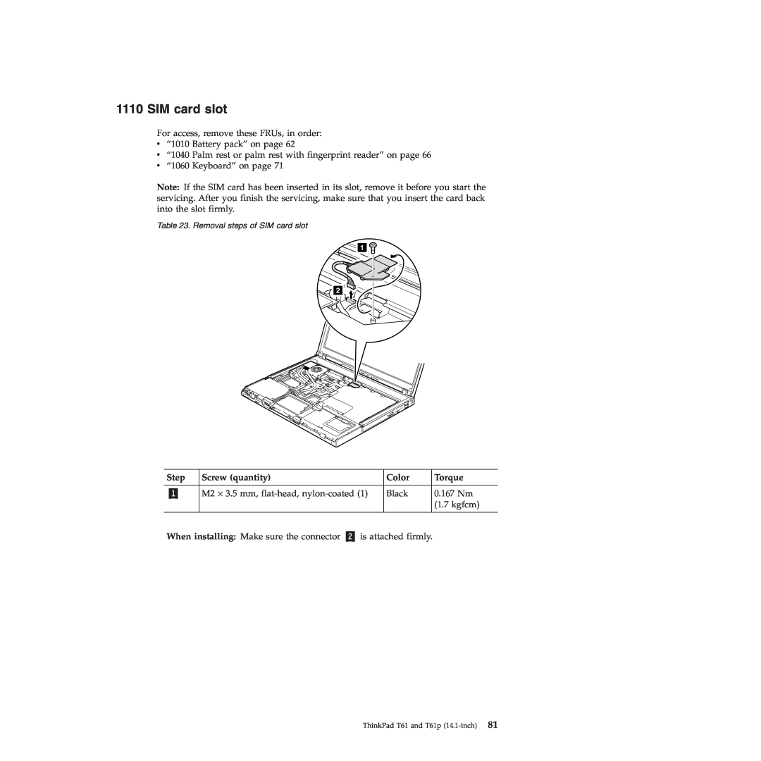 Lenovo T61p manual SIM card slot, Step, Screw quantity, Color, Torque 