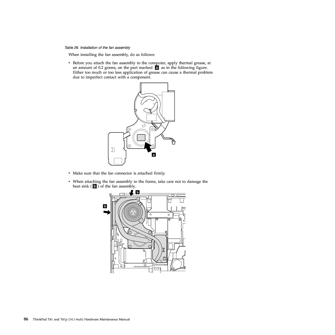 Lenovo T61p manual When installing the fan assembly, do as follows 