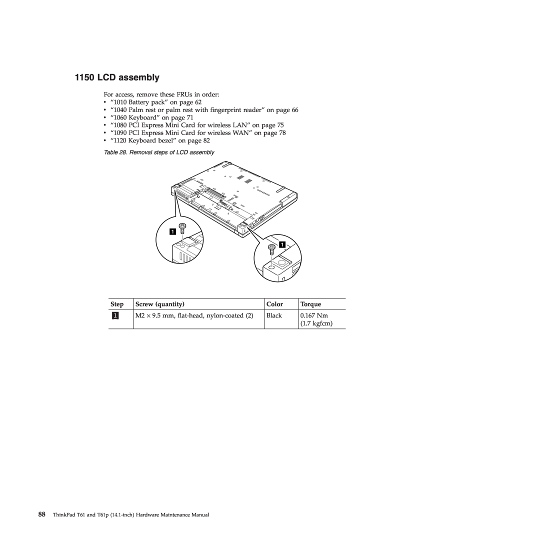 Lenovo T61p manual LCD assembly, Step, Screw quantity, Color, Torque 