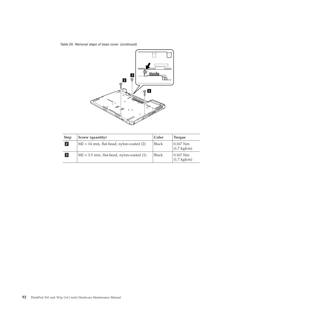 Lenovo T61p manual Step Screw quantity Color Torque 