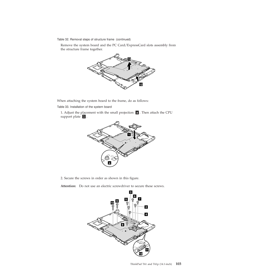 Lenovo T61p manual Installation of the system board 