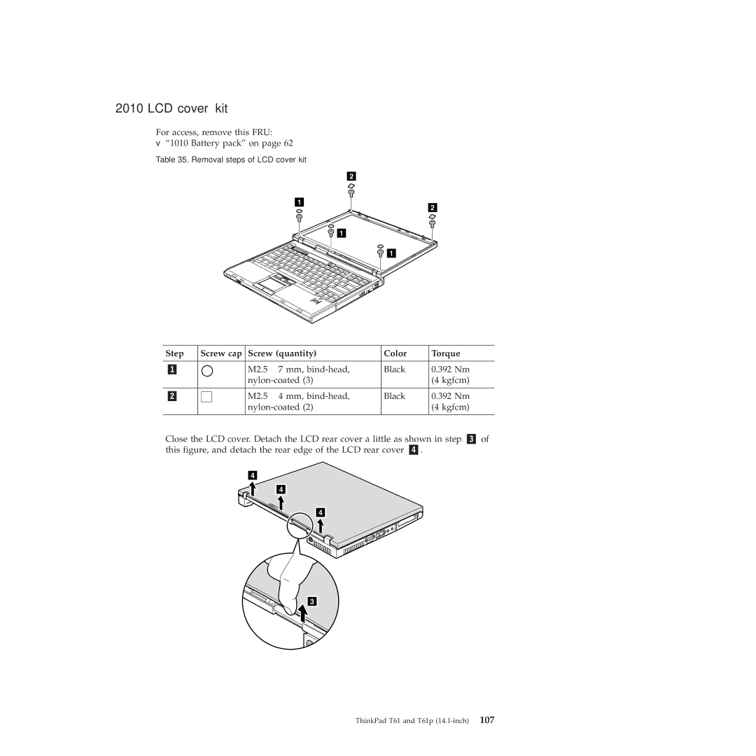 Lenovo T61p manual LCD cover kit, Step Screw cap Screw quantity Color Torque 