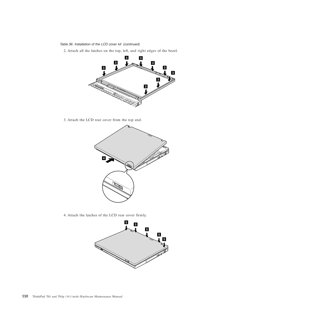 Lenovo T61p manual Installation of the LCD cover kit 