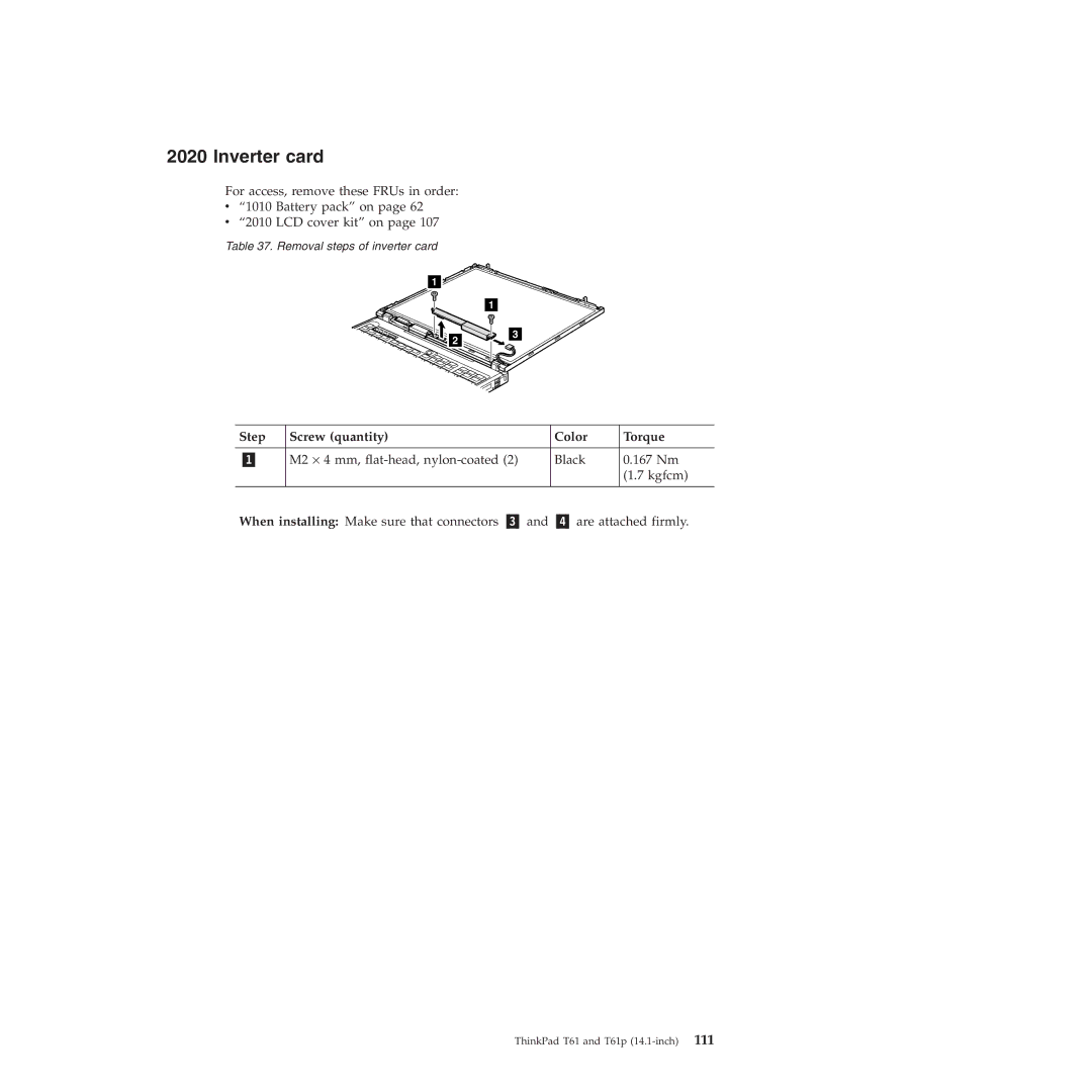 Lenovo T61p manual Inverter card, Step Screw quantity Color Torque 