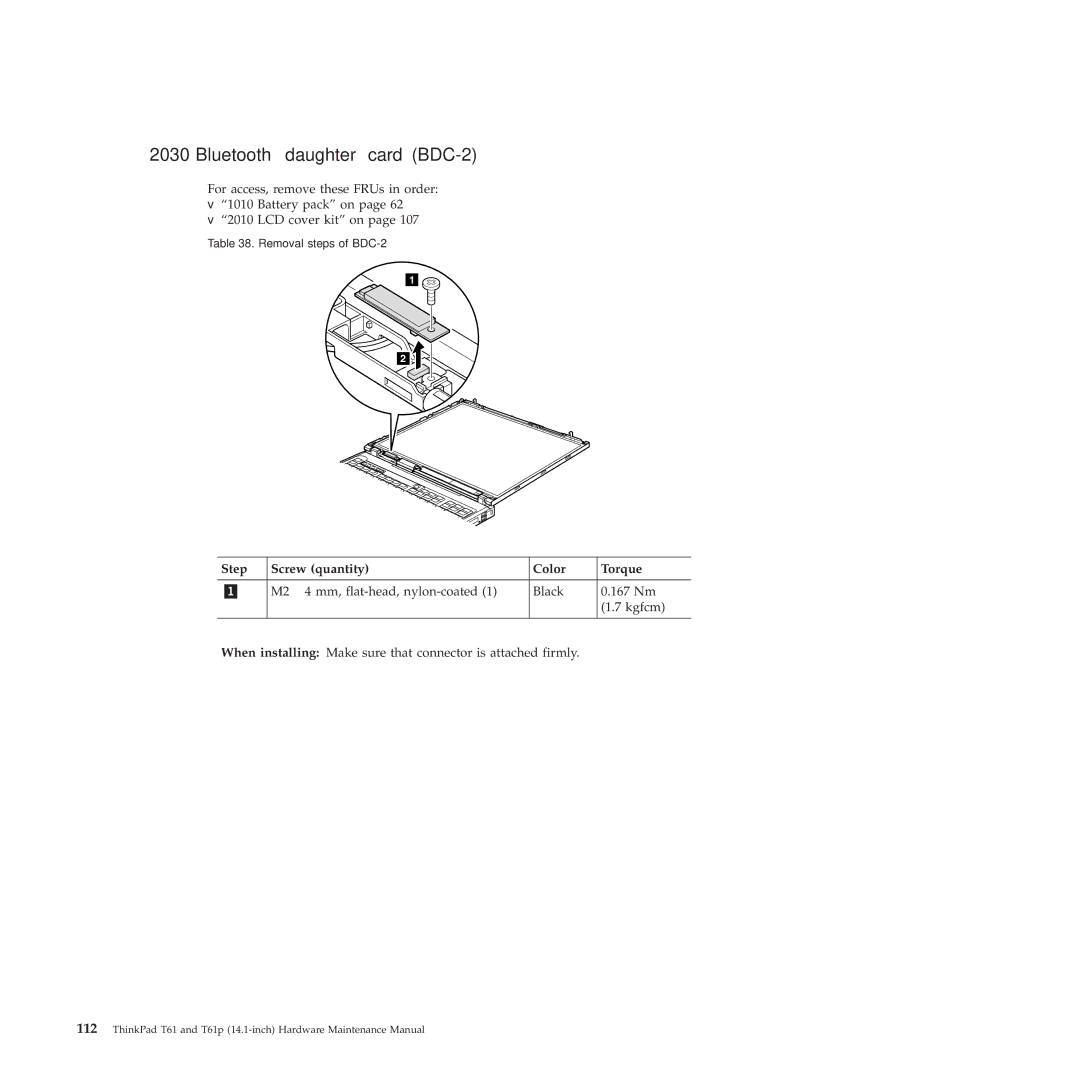 Lenovo T61p manual Bluetooth daughter card BDC-2 