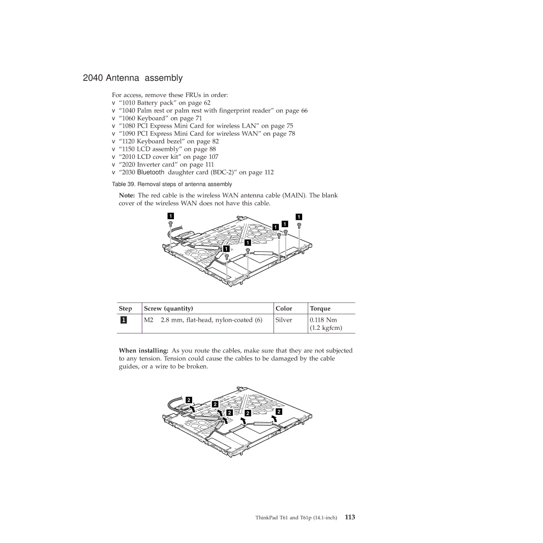 Lenovo T61p manual Antenna assembly 