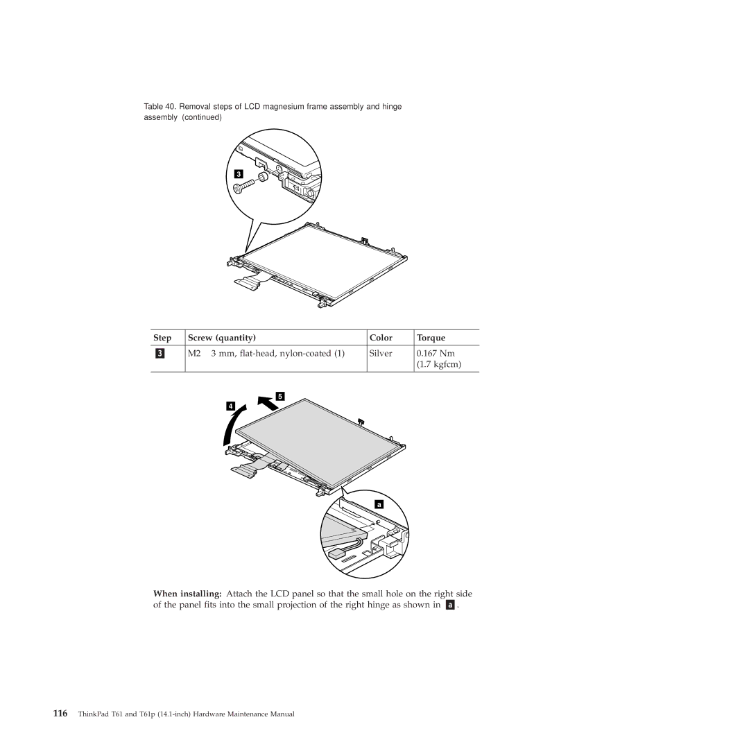 Lenovo T61p manual Step Screw quantity Color Torque 