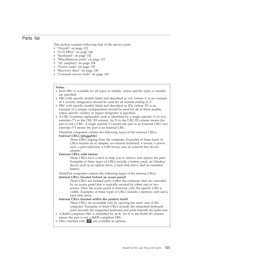 Lenovo T61 Parts list, External CRUs pluggable, External CRUs with latches, Internal CRUs located behind an access panel 