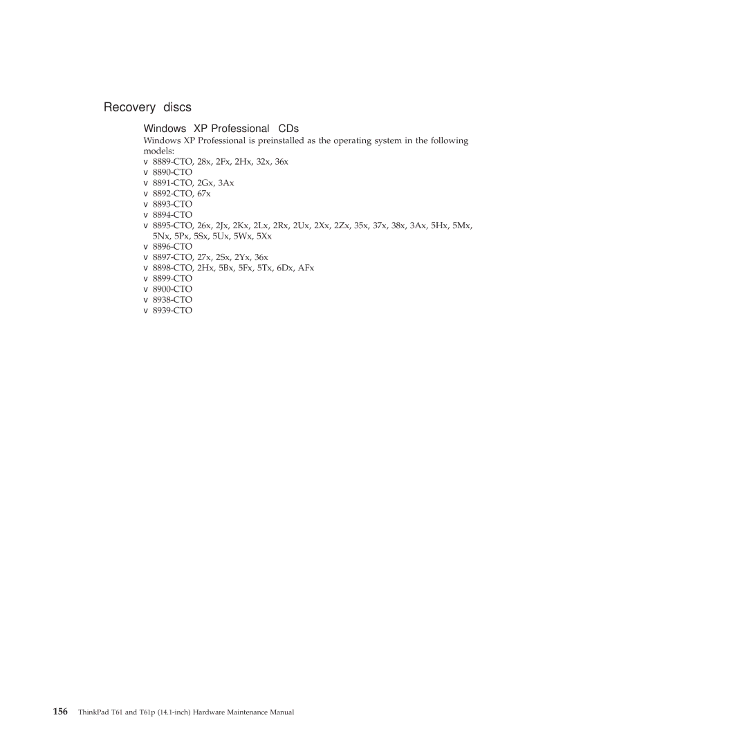 Lenovo T61p manual Recovery discs, Windows XP Professional CDs 