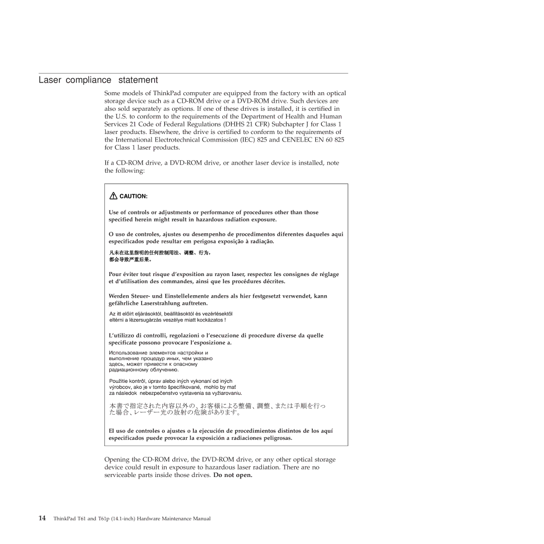 Lenovo T61p manual Laser compliance statement 