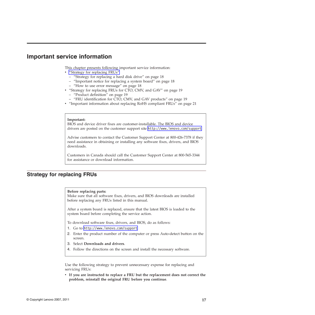 Lenovo T61p manual Strategy for replacing FRUs, Before replacing parts, Select Downloads and drivers 