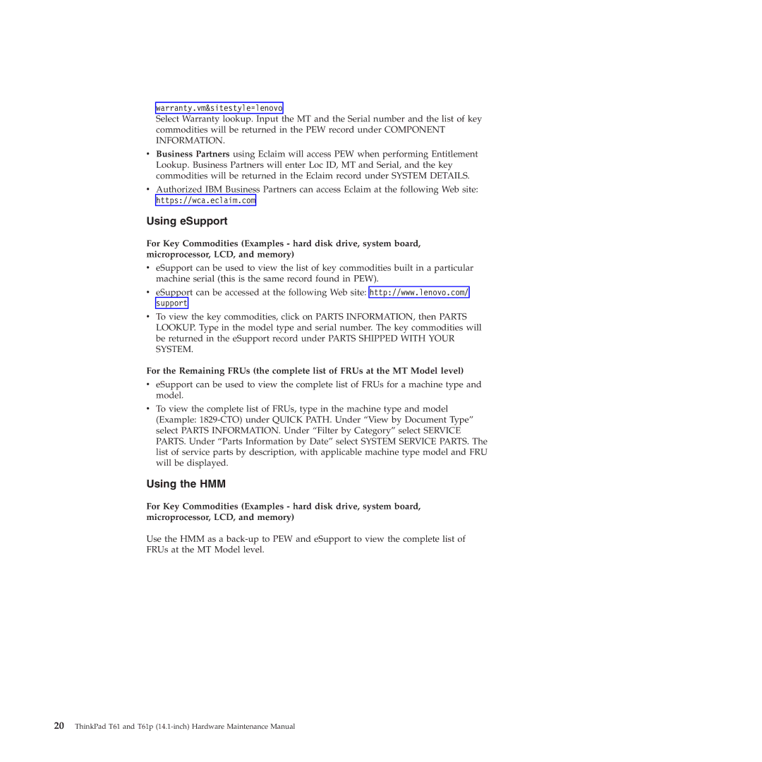Lenovo T61p manual Using eSupport, Using the HMM 