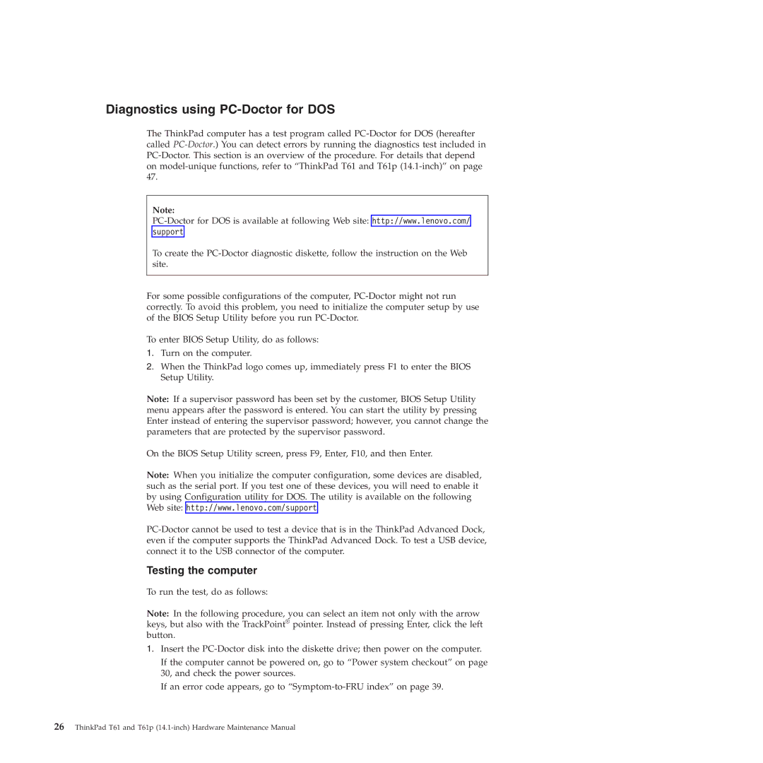 Lenovo T61p manual Diagnostics using PC-Doctor for DOS, Testing the computer 