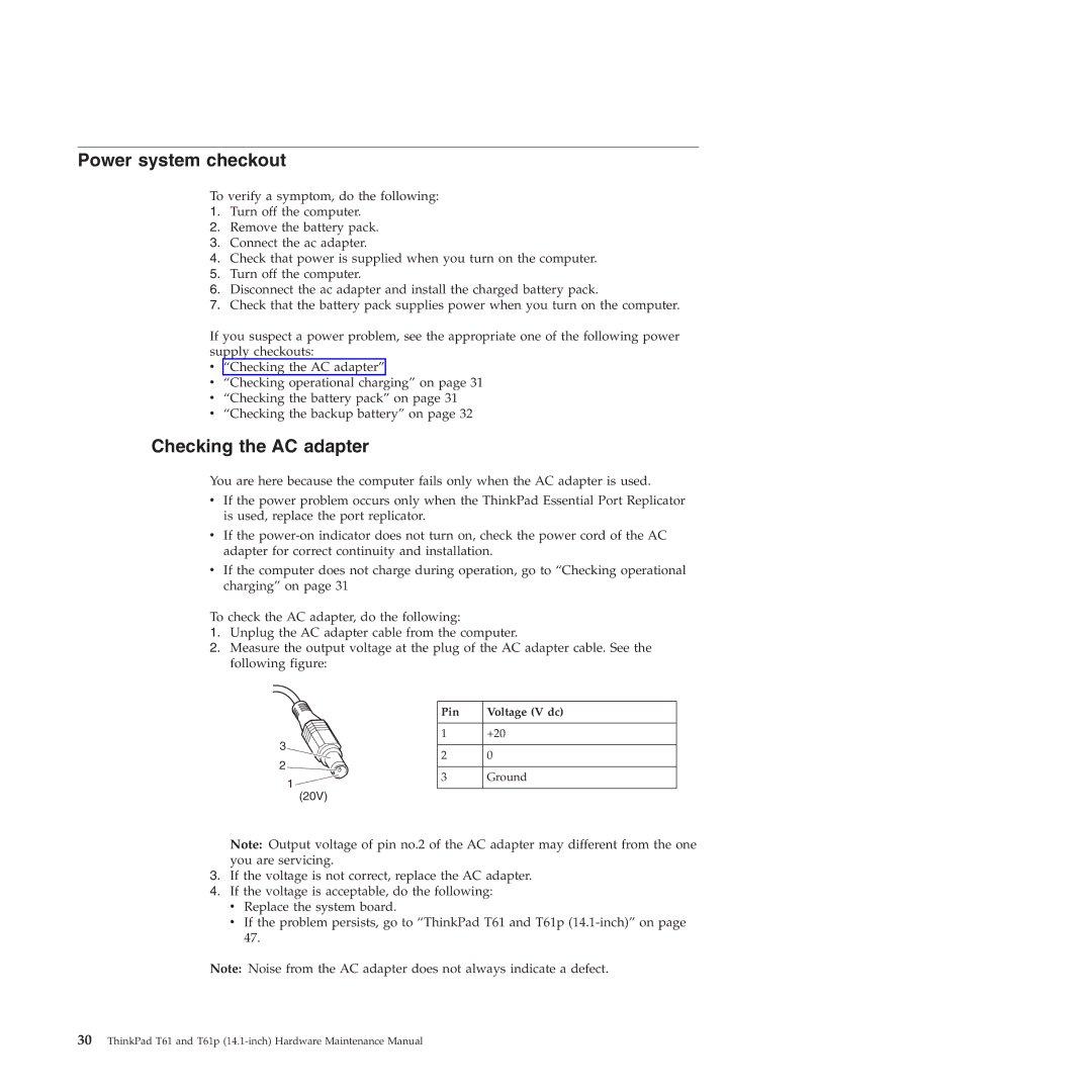 Lenovo T61p manual Power system checkout, Checking the AC adapter, Pin Voltage V dc 