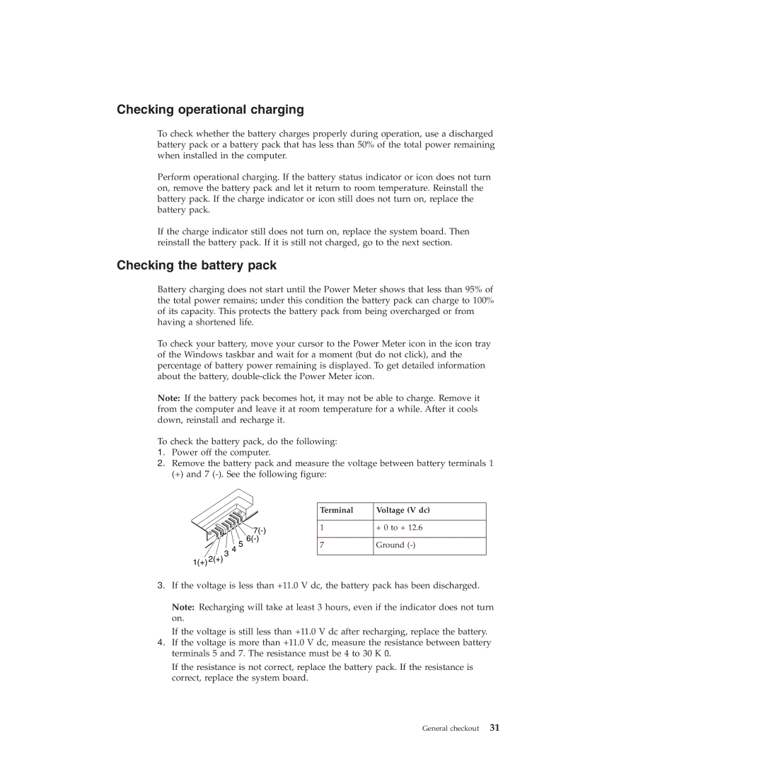 Lenovo T61p manual Checking operational charging, Checking the battery pack, Terminal Voltage V dc 