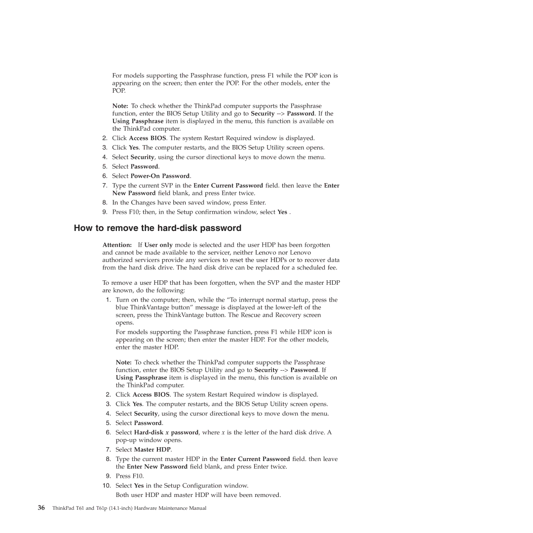 Lenovo T61p manual How to remove the hard-disk password, Select Power-On Password, Select Master HDP 