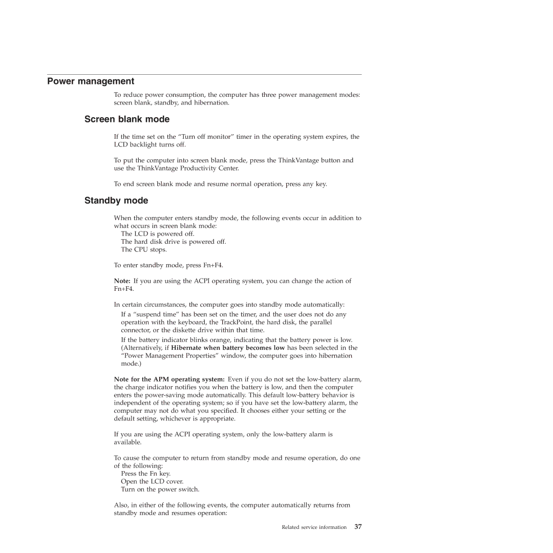 Lenovo T61p manual Power management, Screen blank mode, Standby mode 