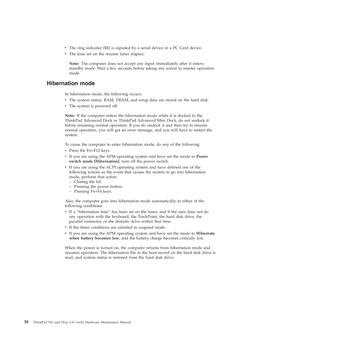 Lenovo T61p manual Hibernation mode 