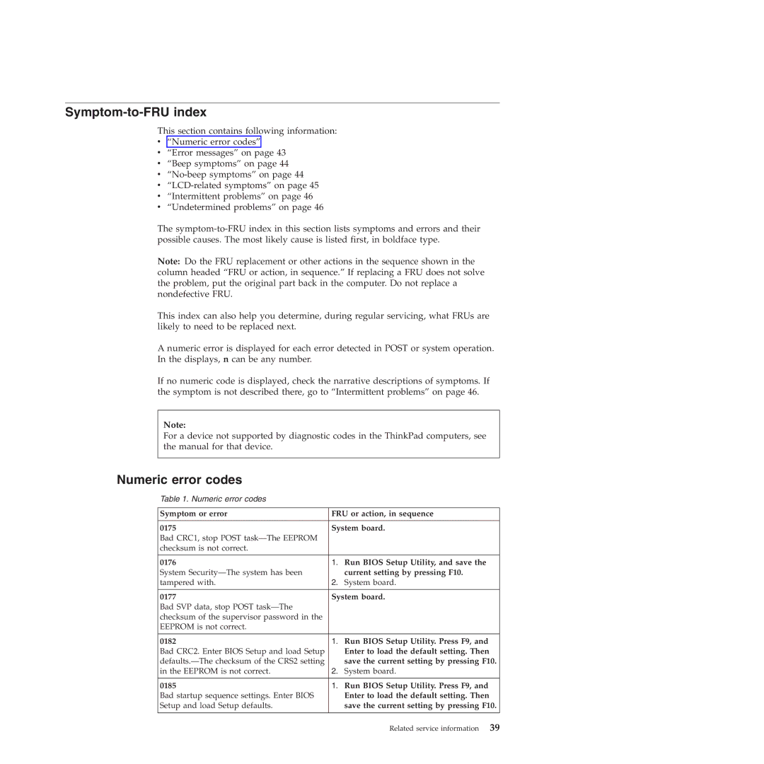 Lenovo T61p manual Symptom-to-FRU index, Numeric error codes 