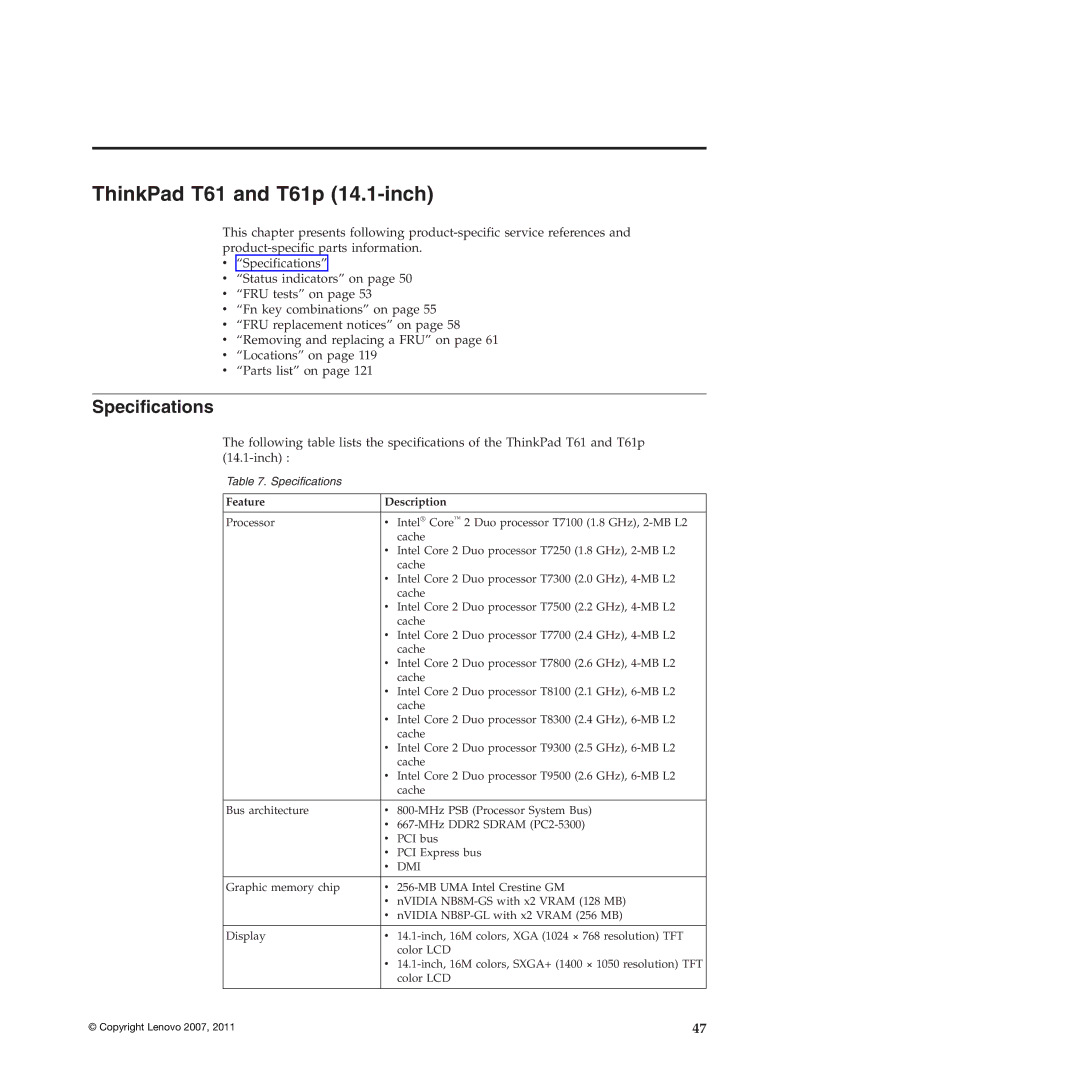 Lenovo T61p manual Specifications, Feature Description 