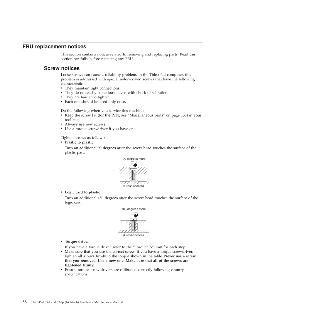 Lenovo T61p manual FRU replacement notices, Screw notices, Plastic to plastic, Logic card to plastic, Torque driver 