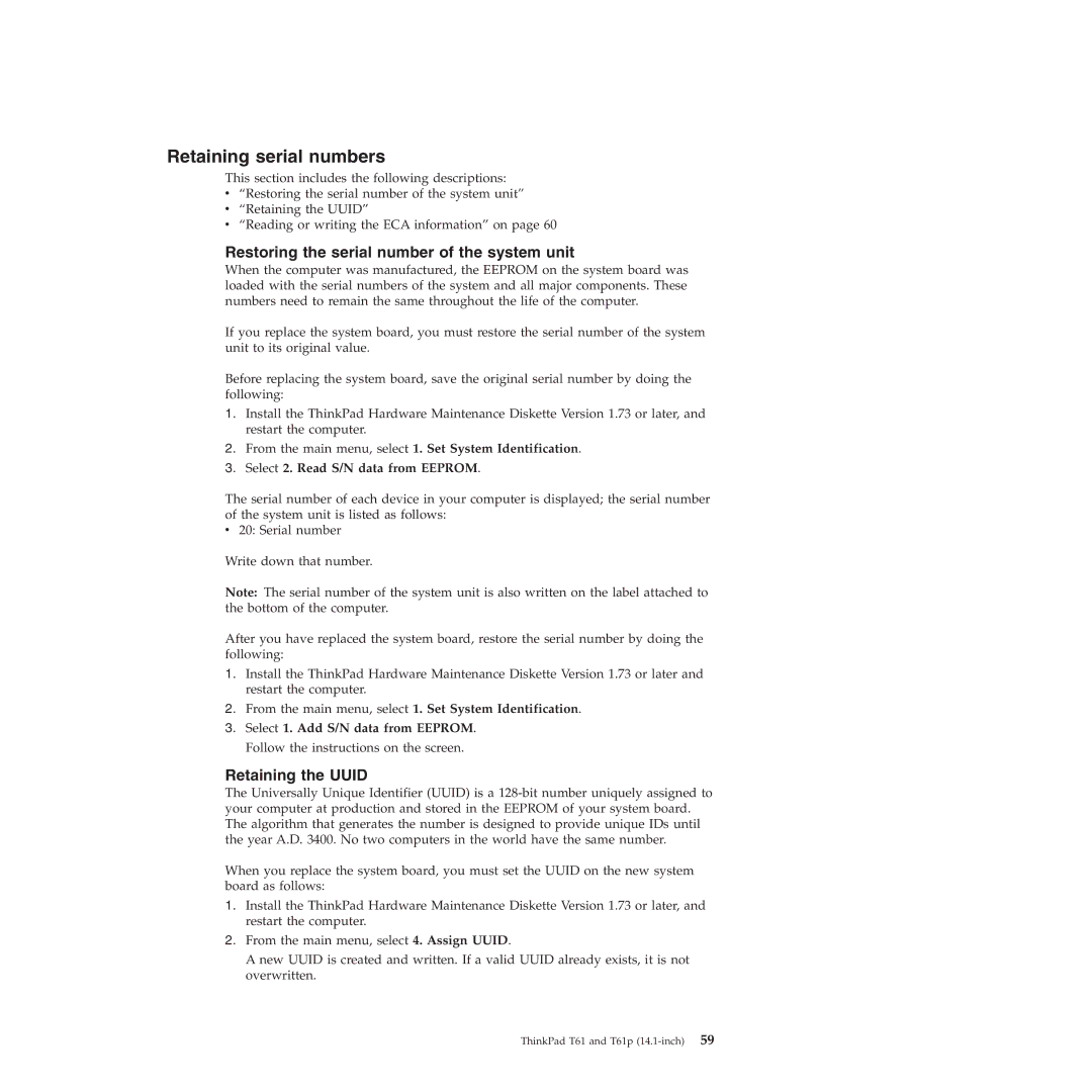 Lenovo T61p manual Retaining serial numbers, Restoring the serial number of the system unit, Retaining the Uuid 