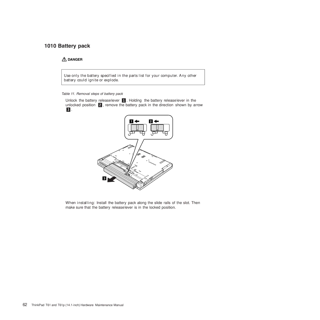 Lenovo T61p manual Battery pack 